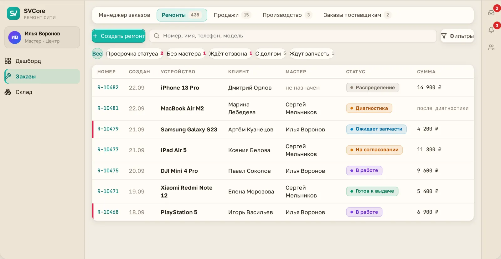 Список заказов в кабинете SVCore